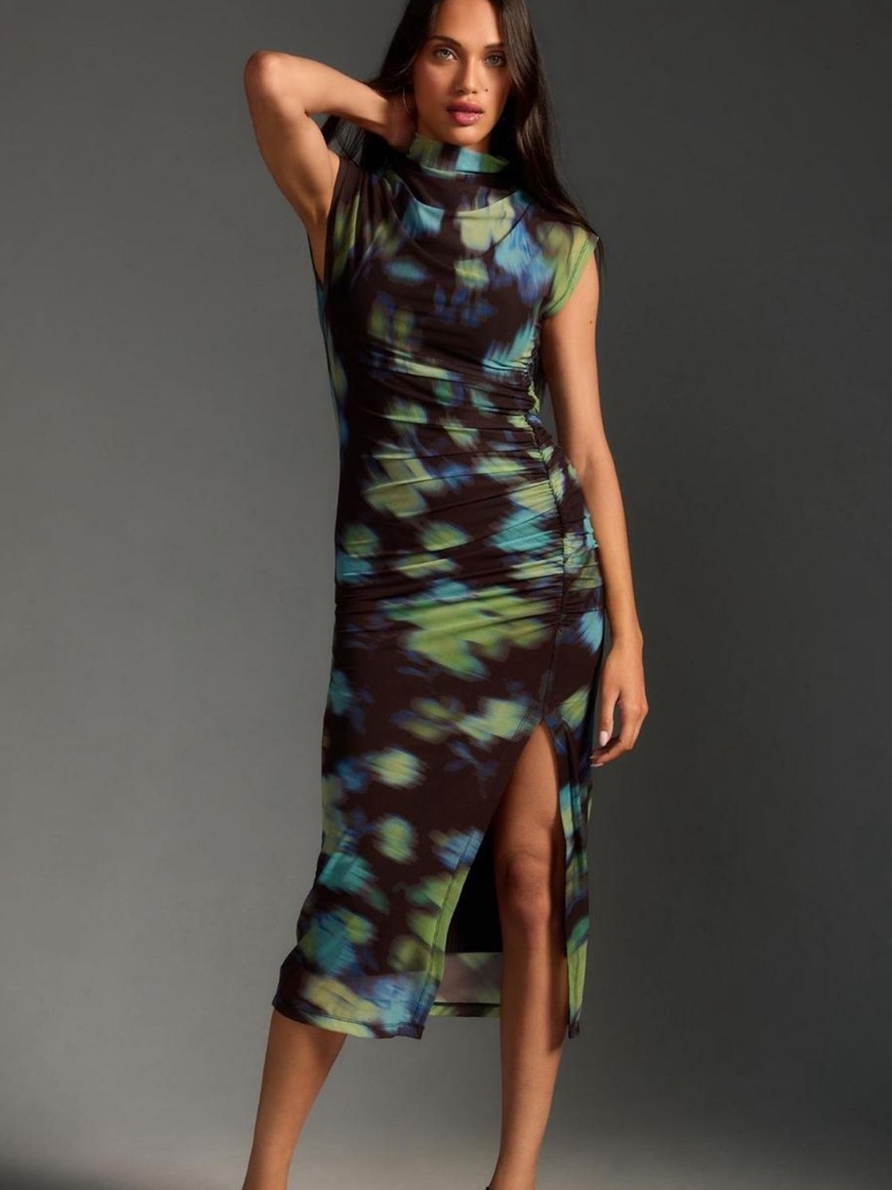 Anthropologie Maya Ruched Cowl Neck Sleeveless Mock Neck Tie-Dye Midi Dress Mesh